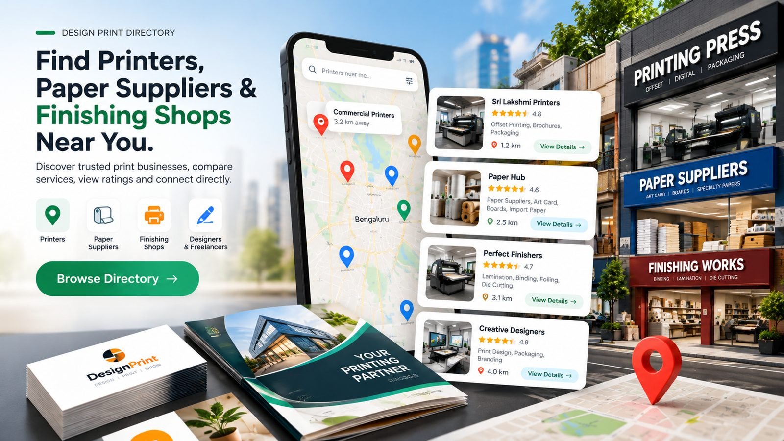 Find printers, paper suppliers and finishing shops near you